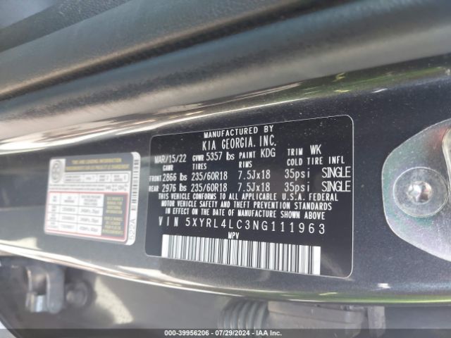 5XYRL4LC3NG111963 KIA SORENTO S