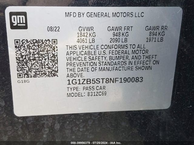 1G1ZB5ST8NF190083 Chevrolet Malibu Fwd Ls