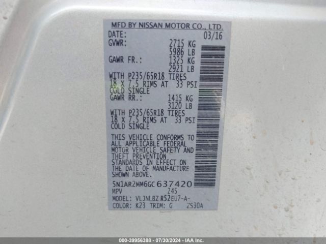 5N1AR2MM6GC637420 Nissan Pathfinder Platinum/s/sl/sv
