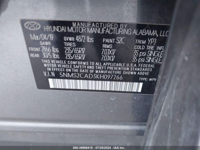 5NMS2CAD3KH097266 Hyundai Santa Fe Se