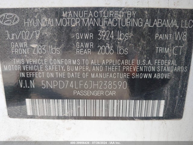 5NPD74LF6JH238590 Hyundai ELANTRA SE