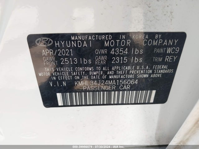 Hyundai Sonata Limited 2021 KMHL34J24MA156064 Image 9