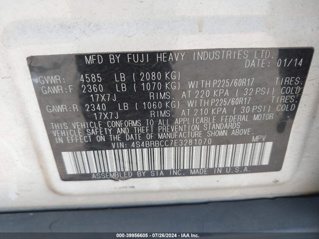 Subaru Outback 2.5i Premium 2014 4S4BRBCC7E3281070 Image 9