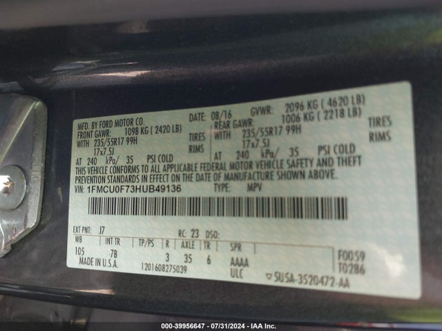 Ford ESCAPE S 2017 1FMCU0F73HUB49136 Image 9