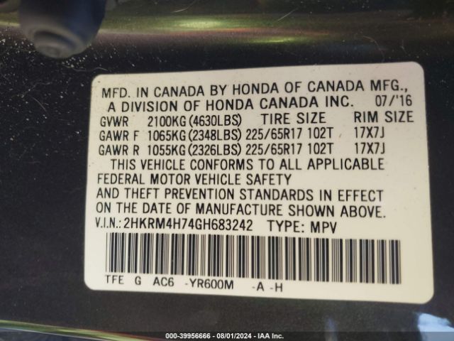 2HKRM4H74GH683242 Honda Cr-v Ex-l
