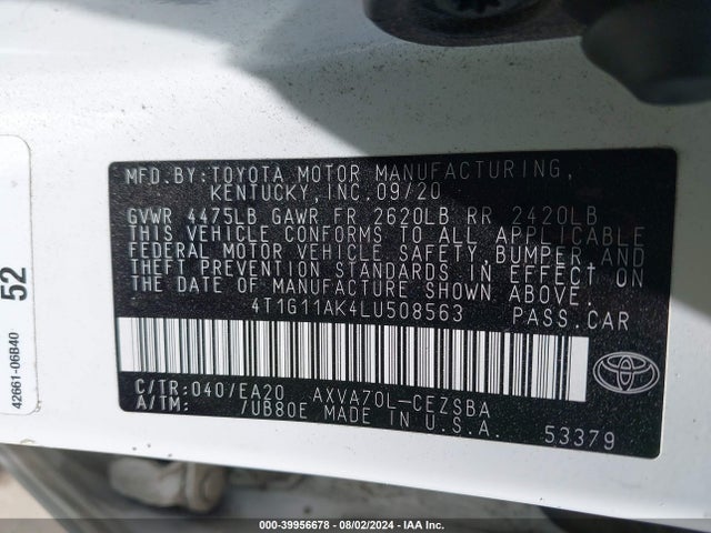 Toyota CAMRY SE 2020 4T1G11AK4LU508563 Image 9