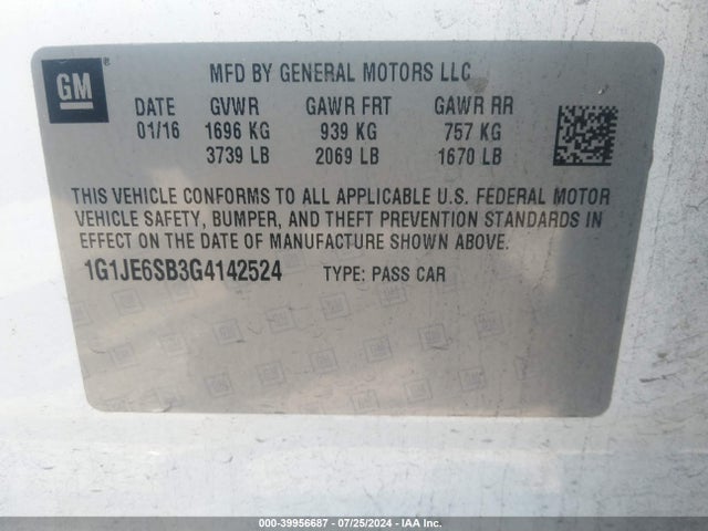 Chevrolet Sonic Ltz Auto 2016 1G1JE6SB3G4142524 Image 9