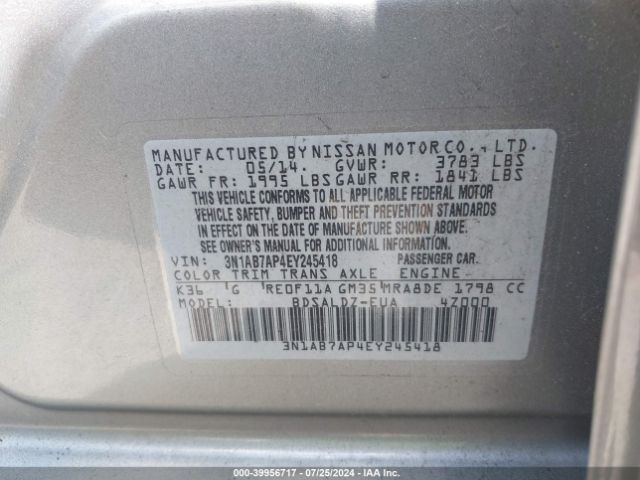 3N1AB7AP4EY245418 Nissan Sentra Fe+ S/fe+ Sv/s/sl/sr/sv