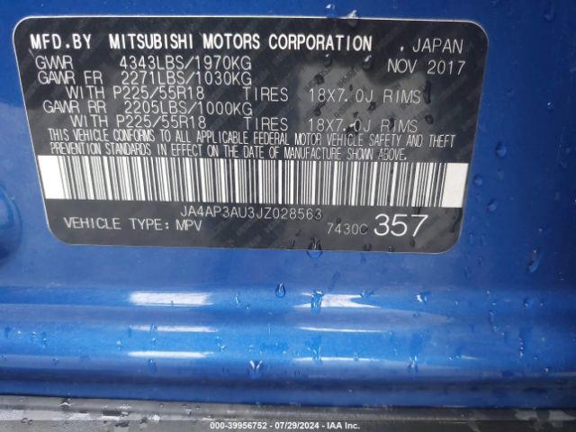 JA4AP3AU3JZ028563 Mitsubishi Outlander Sport Es 2.0