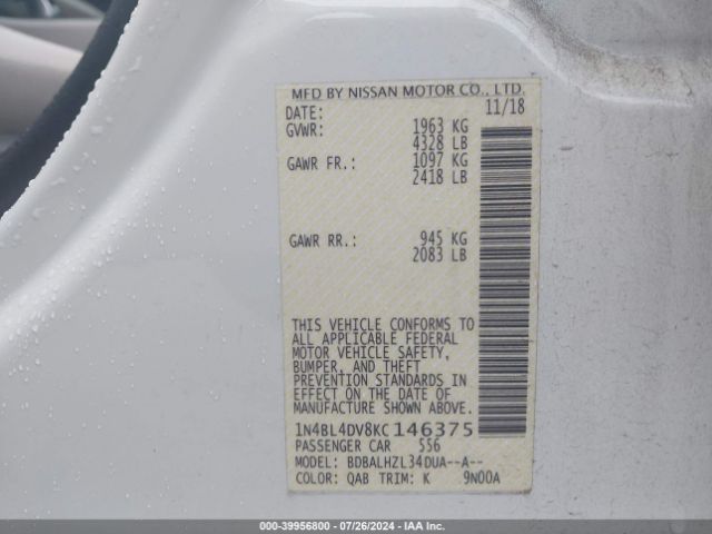 1N4BL4DV8KC146375 Nissan Altima 2.5 Sv