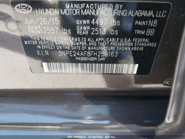 5NPE24AF8FH259163 Hyundai SONATA SE