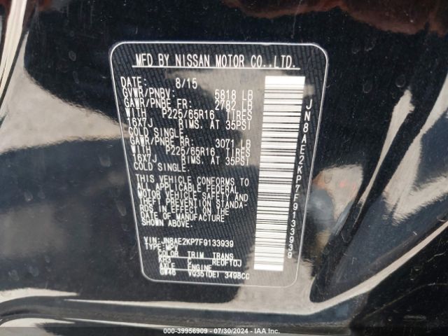 JN8AE2KP7F9133939 Nissan Quest Platinum/s/sl/sv