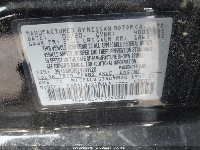 3N1AB8CV9LY241220 Nissan Sentra Sv Xtronic Cvt