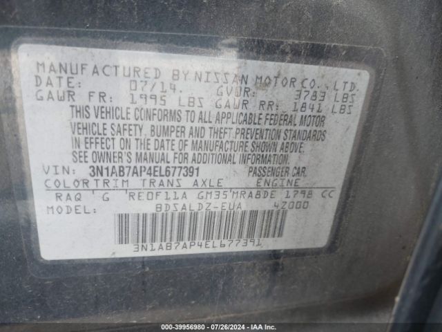 3N1AB7AP4EL677391 Nissan Sentra Fe+ S/fe+ Sv/s/sl/sr/sv