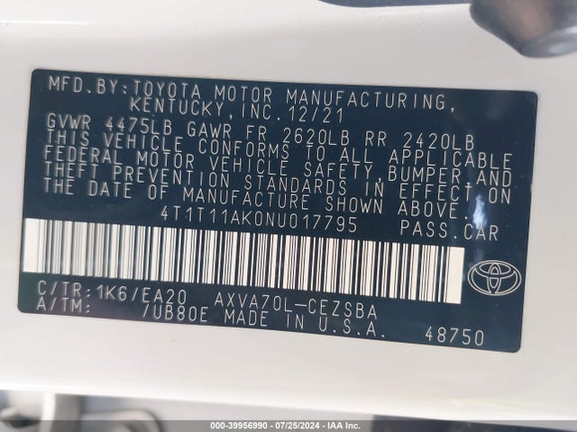 Toyota CAMRY SE 2022 4T1T11AK0NU017795 Image 9
