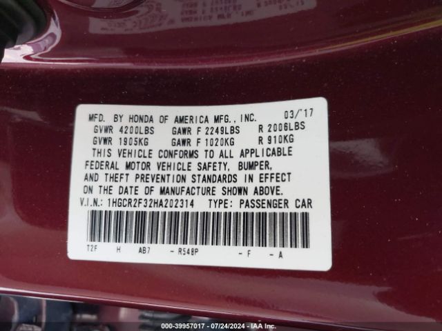 1HGCR2F32HA202314 Honda ACCORD LX