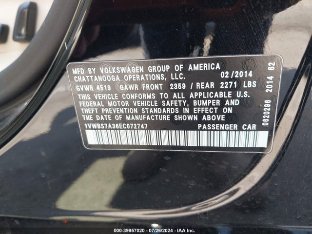 1VWBS7A36EC072747 Volkswagen Passat 1.8t Se