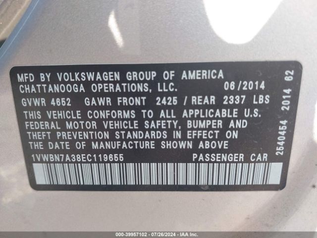 1VWBN7A38EC119655 Volkswagen Passat 2.0l Tdi Se