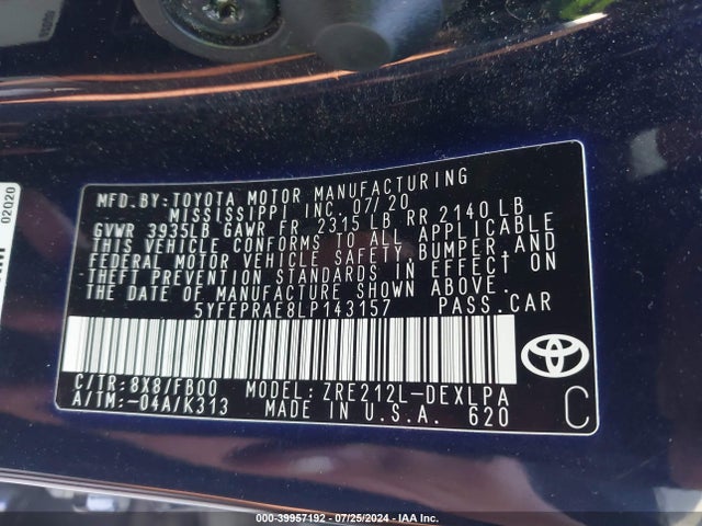 Toyota COROLLA LE 2020 5YFEPRAE8LP143157 Image 9