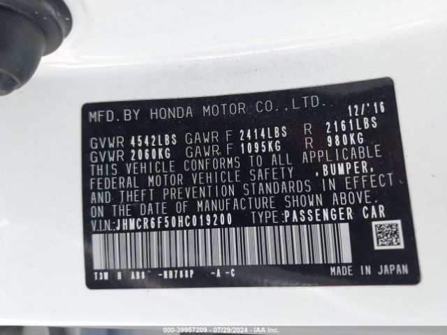 JHMCR6F50HC019200 Honda Accord Hybrid Ex-l