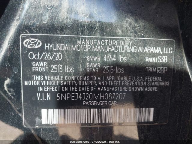 5NPEJ4J20MH087207 Hyundai Sonata Sel Plus