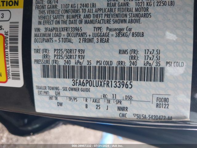 3FA6P0LUXFR133965 Ford Fusion Hybrid Se