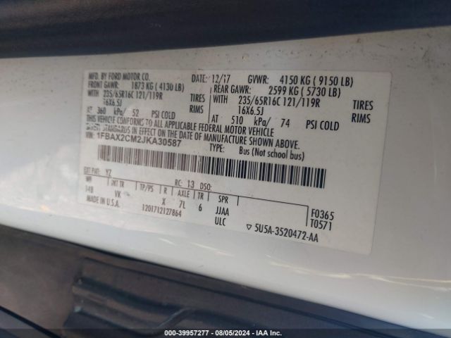 1FBAX2CM2JKA30587 Ford Transit-350 Xl