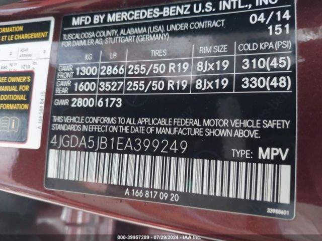4JGDA5JB1EA399249 Mercedes-Benz ML 350