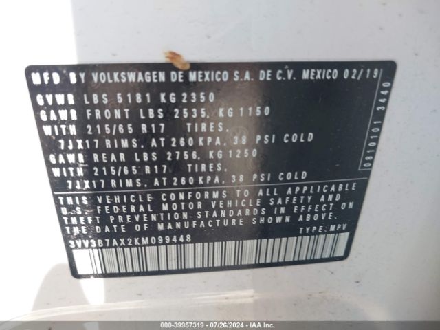 3VV3B7AX2KM099448 Volkswagen Tiguan 2.0t Se/2.0t Sel/2.0t Sel R-line/2.0t Sel R-line Black
