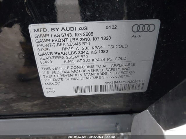 WA1B4AFY2N2098180 Audi Sq5 Premium Plus Tfsi Quattro Tiptronic