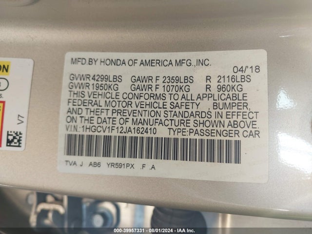 Honda ACCORD LX 2018 1HGCV1F12JA162410 Image 9