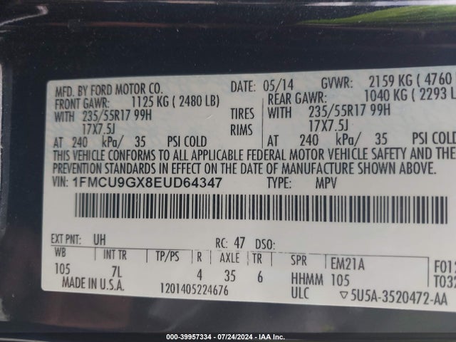 Ford ESCAPE SE 2014 1FMCU9GX8EUD64347 Image 9