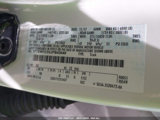 1FTEW1C53JFB43640 Ford F-150 Platinum