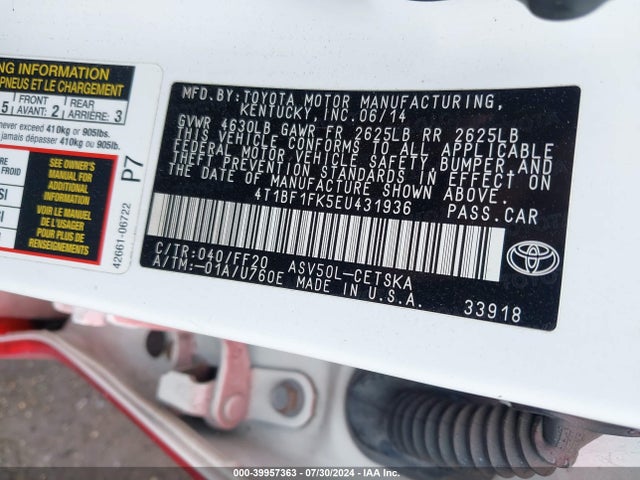 4T1BF1FK5EU431936 Toyota Camry L/le/se/se Sport/xle