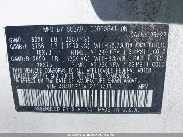 4S4BTGPD4P3118283 Subaru Outback Touring Xt