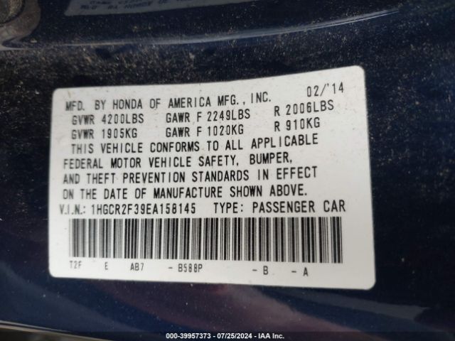 1HGCR2F39EA158145 Honda ACCORD LX