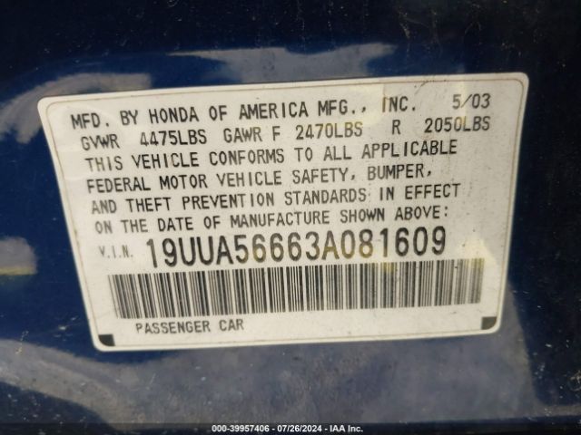 2003 ACURA TL 19UUA56663A081609 Photo 8