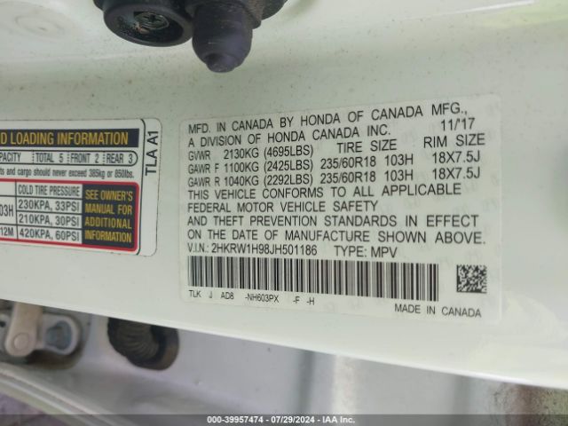 2HKRW1H98JH501186 Honda Cr-v Touring