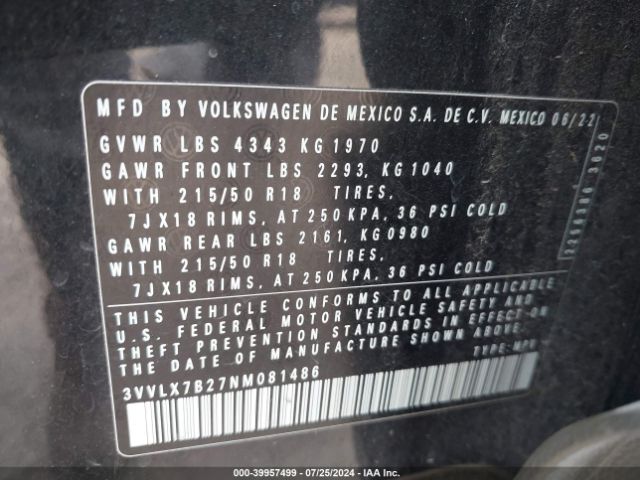 3VVLX7B27NM081486 Volkswagen Taos 1.5t Se