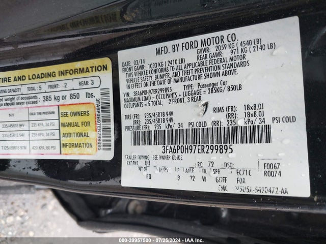 Ford FUSION SE 2014 3FA6P0H97ER299895 Image 9