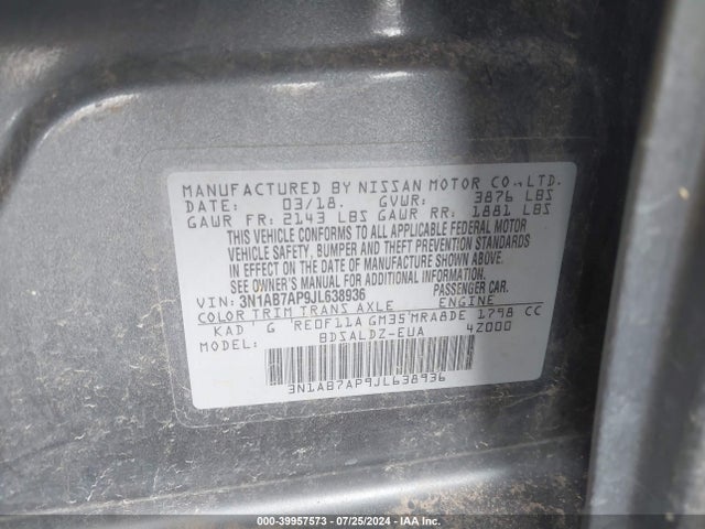 Nissan SENTRA SV 2018 3N1AB7AP9JL638936 Image 9