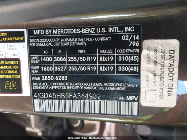 4JGDA5HB5EA364932 Mercedes-Benz Ml 350 4matic