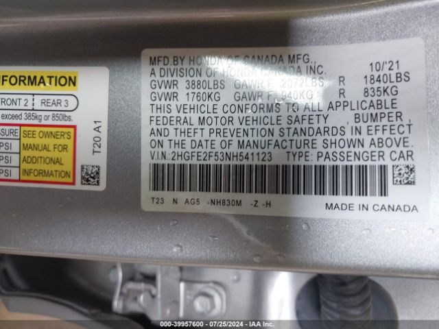 2HGFE2F53NH541123 Honda Civic Sport