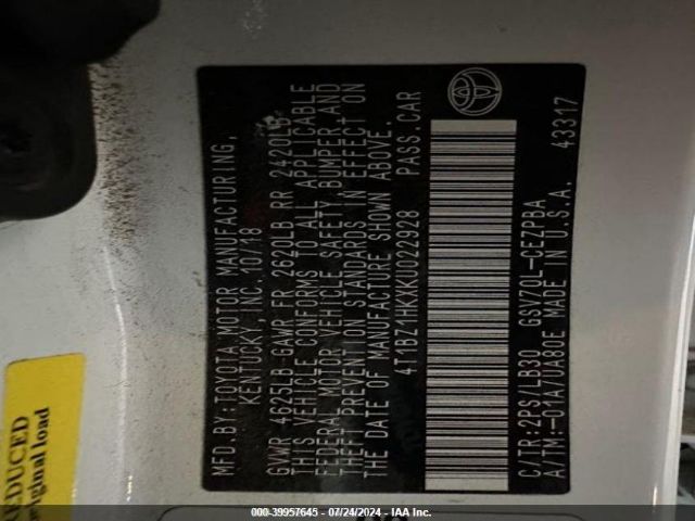 4T1BZ1HKXKU022928 Toyota Camry Xse V6