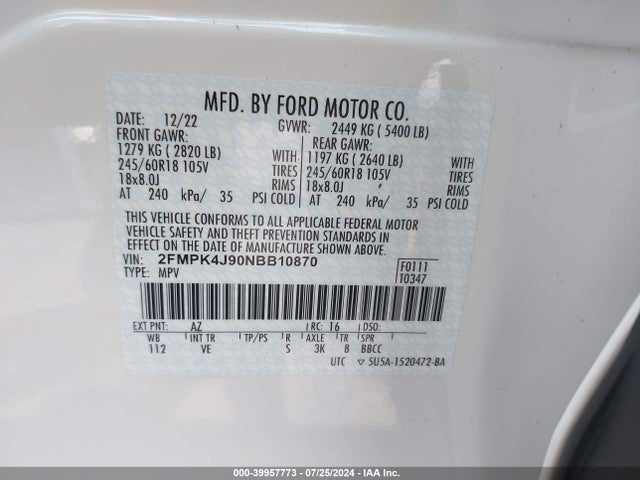 Aukcja sprzedaży 2022 Ford Edge Sel, vin: 2FMPK4J90NBB10870, numer aukcji: 39957773
