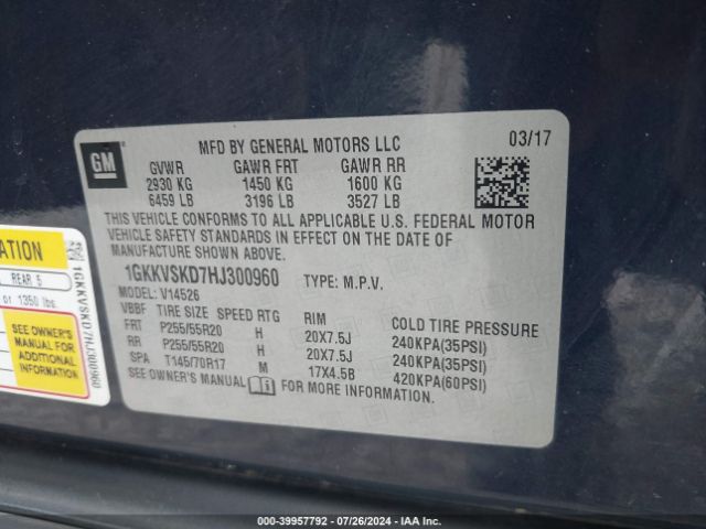 1GKKVSKD7HJ300960 GMC Acadia Limited