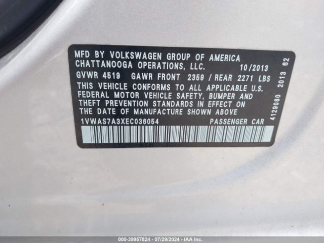 1VWAS7A3XEC036054 Volkswagen Passat 1.8t Wolfsburg Edition