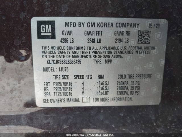 KL7CJKSB8LB353435 Chevrolet Trax Fwd Ls