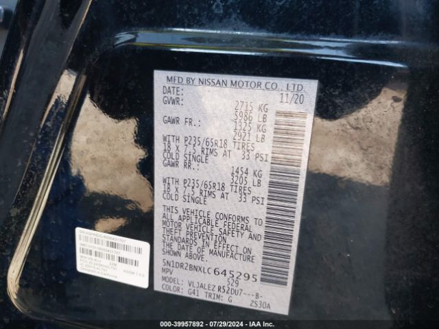 5N1DR2BNXLC645295 Nissan Pathfinder Sv 2wd