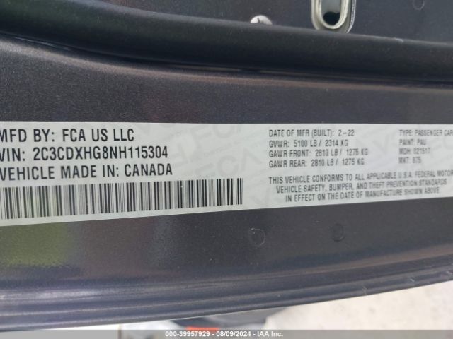 2C3CDXHG8NH115304 Dodge Charger Gt Rwd